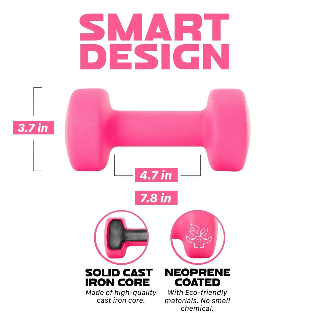 13LBS Set of 2 Neoprene Coated Dumbbells, Pair of Hand Weights for Women, Various Weight Options and 15 Color Choices - Pink