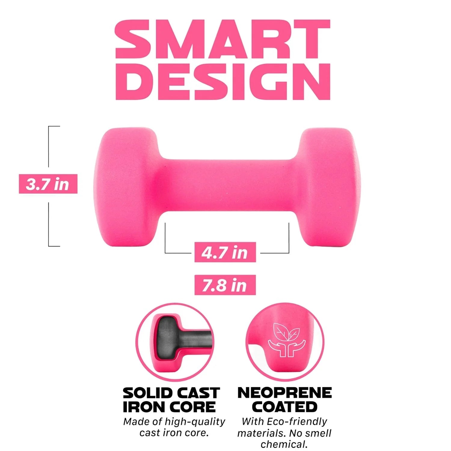 13LBS Set of 2 Neoprene Coated Dumbbells, Pair of Hand Weights for Women, Various Weight Options and 15 Color Choices - Pink